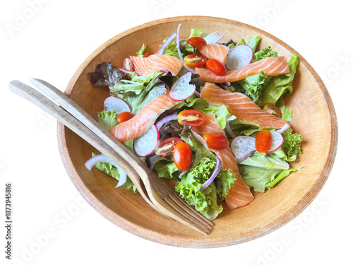 Salmon salad bowl with green vegetables for diet food.