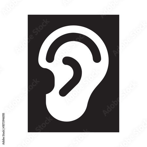 A simple black and white illustration of a human ear on a dark background