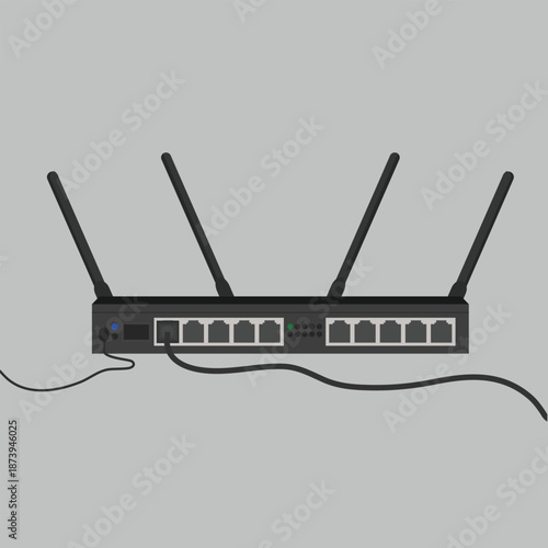 Wireless router with antennas and Ethernet ports on minimal background for network technology concept.