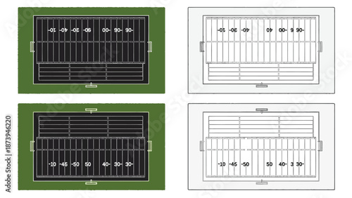 Overhead view of american football fields in different color schemes