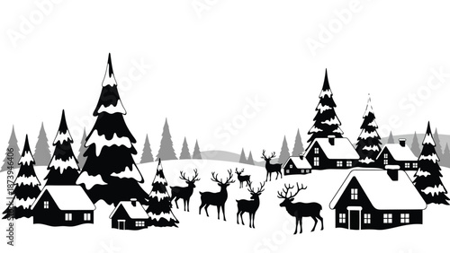 Winter landscape with coniferous trees deer and snow covered houses