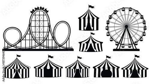Black and white illustration of a carnival with rides and tents