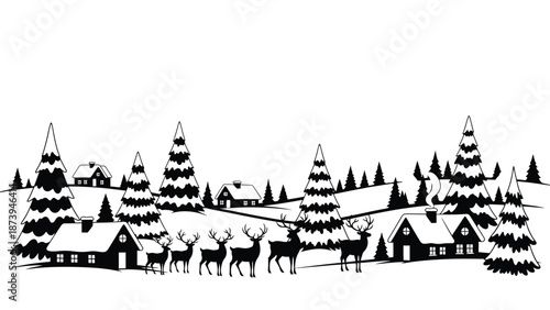 A winter landscape featuring deer houses and evergreen trees in silhouette