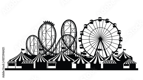 Black and white illustration of an amusement park with rides and tents