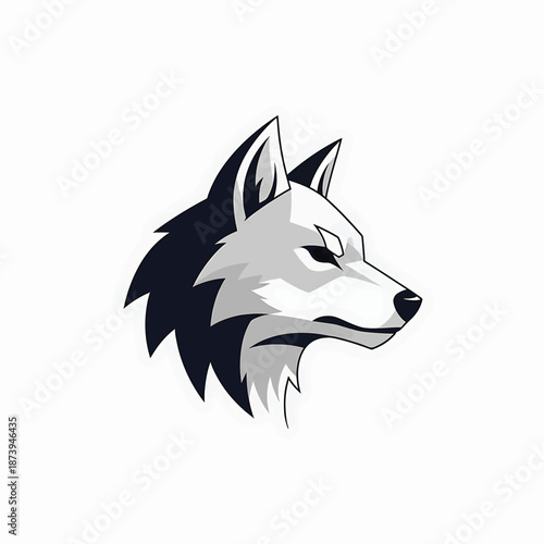Monochromatic Wolf Head Illustration with Intense Gaze and Sharp Features.