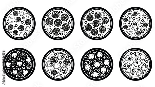 Six circular pizza illustrations with varying toppings presented in a grid layout