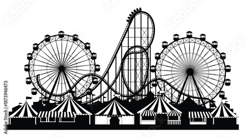 An illustrated scene depicting a carnival with a rollercoaster and ferris wheels