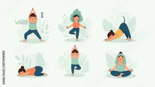 Collection of various cute cartoon characters demonstrating different fundamental yoga poses for wellness and balance illustration