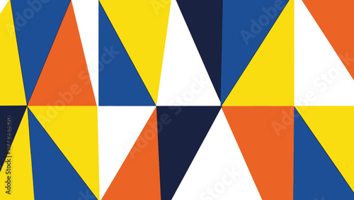 Abstract geometric background featuring a striking mosaic pattern composed of bright primary colors and stark white triangles