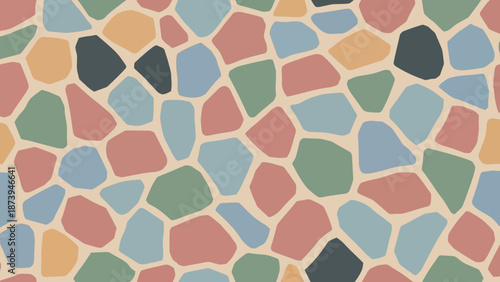 Seamless repeating pattern design featuring irregularly shaped mosaic tiles in a charming muted color palette for textile or wallpaper backgrounds.