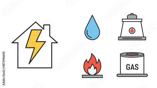 Set of utility icons representing household services like electricity water gas and heating services for home management
