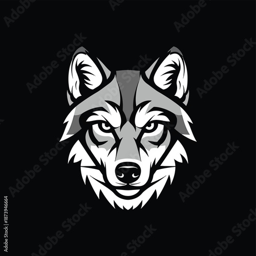 Monochrome Wolf Head Logo with Intense Gaze and Detailed Fur.