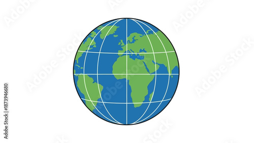 Simple graphic illustration of planet earth centered with green continents and blue oceans showing latitude and longitude lines