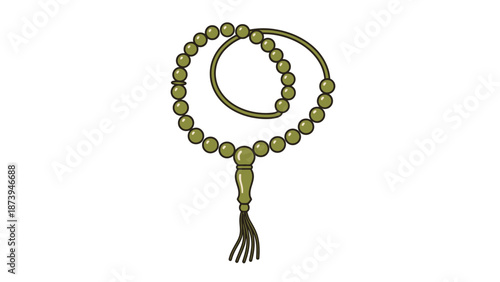 Simple illustration of green prayer beads with a tassel hanging down against a muted beige background for religious themes