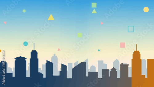Minimalist cityscape silhouette against a bright gradient sky filled with colorful abstract geometric shapes floating playfully above the towers.