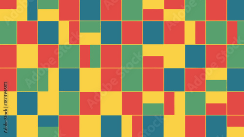 Vibrant abstract geometric pattern features a repeating mosaic of primary colors arranged in squares and rectangles with thin white dividing lines