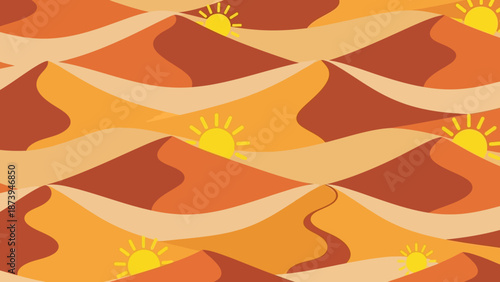 Stylized repeating pattern of warm orange and yellow desert sand dunes featuring small stylized bright sun icons throughout the composition.