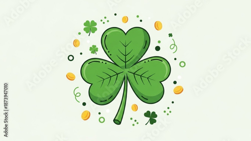A vibrant green four leaf clover surrounded by smaller shamrocks and gold coins on a light green background for st patrick's day celebrations and luck concepts