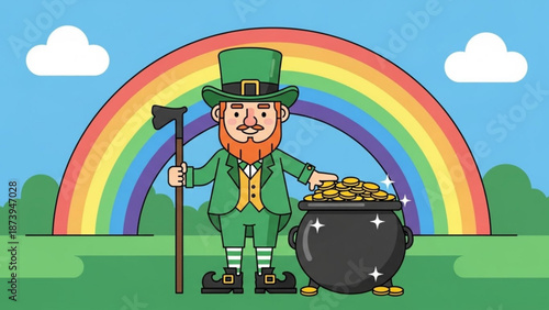 A cheerful cartoon leprechaun in green suit and hat stands beside a pot of gold coins under a vibrant rainbow on a sunny day with fluffy clouds