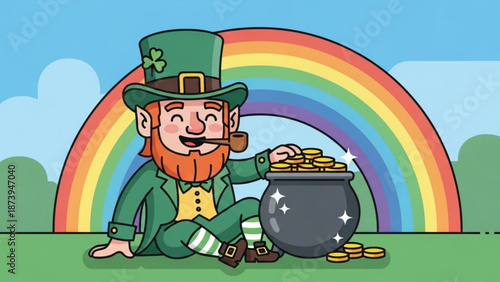 A cheerful leprechaun with a pot of gold coins sitting in front of a vibrant rainbow on a sunny day with a pipe in his mouth with st patricks day