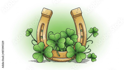Golden horseshoe overflowing with lush green four leaf clovers on white background symbolizing good luck and prosperity with lucky charm and irish symbol