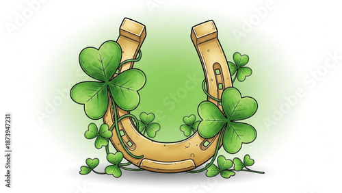 Golden horseshoe adorned with lush green shamrocks on white background for st patrick's day with st patricks day and luck and irish and good fortune