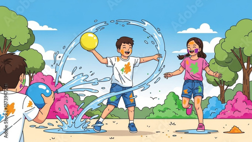 Children playing with water balloons on a sunny day outdoors in a park with trees and colorful flowers with fun and summer and kids and youth