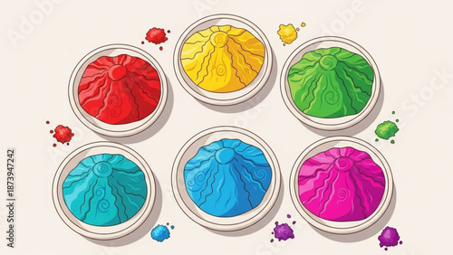 Vibrant colorful paint containers with splatters on a clean white background for artistic creative projects with design and illustration and graphic