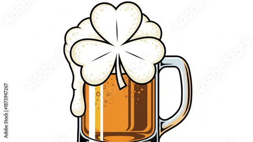 Illustration of a beer mug with shamrock foam for st patricks day celebration with Irish heritage and beer foam and cartoon illustration and luck