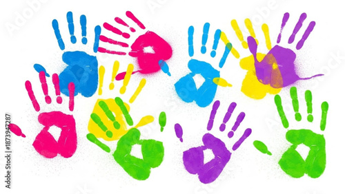 Vibrant multicolored handprints in blue green purple pink and yellow on white background for creative design and artistic expression with colorful