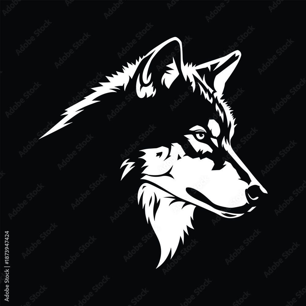 Naklejka premium Striking Black and White Wolf Head Silhouette.