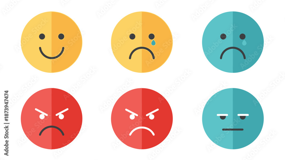 Fototapeta premium Set of six colorful flat design emoji icons representing various emotional states like happiness sadness anger and neutral feelings