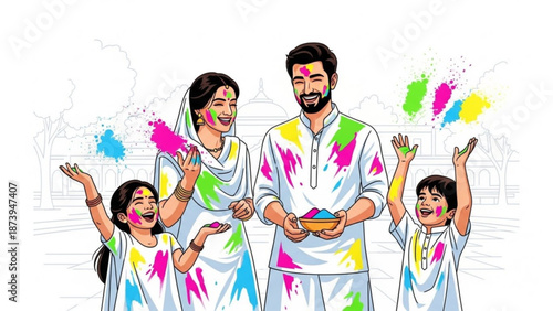 Family celebrating holi festival with colorful powder and joyful expressions in traditional indian clothing on a white background with celebration