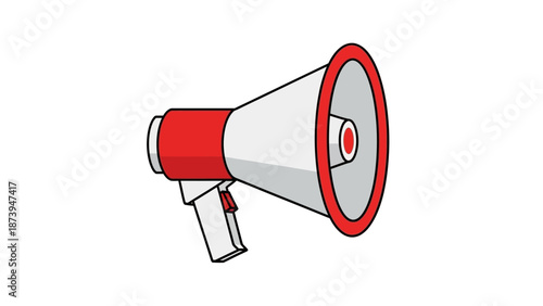 Simple illustration of a classic red and white handheld megaphone designed for clear broadcasting of important messages and announcements