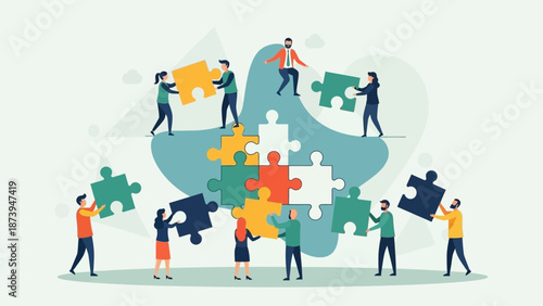 Diverse group of business people collaboratively working together to assemble a large multicolored jigsaw puzzle structure successfully.