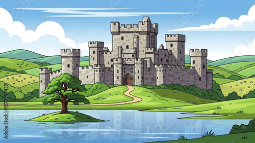 A majestic medieval castle situated on a lush green hill overlooking a serene lake with a solitary tree on a small island in the foreground under a blue sky with fluffy