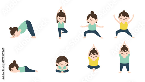 Collection of adorable cartoon children demonstrating various foundational yoga poses for healthy physical and mental balance exercises