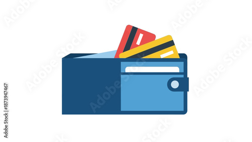 Illustration of a blue wallet containing multiple credit cards representing modern payment methods and financial transactions