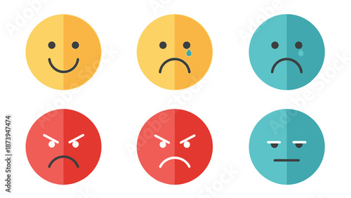 Set of six colorful flat design emoji icons representing various emotional states like happiness sadness anger and neutral feelings
