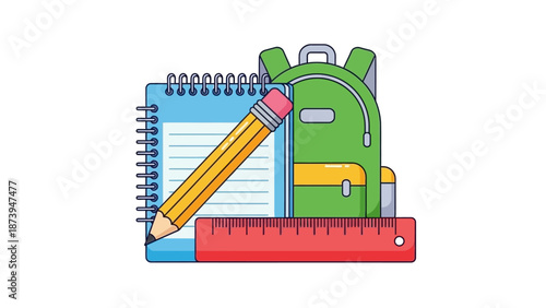 Essential school supplies featuring a green backpack a blue notebook a yellow pencil and a red ruler for academic concepts