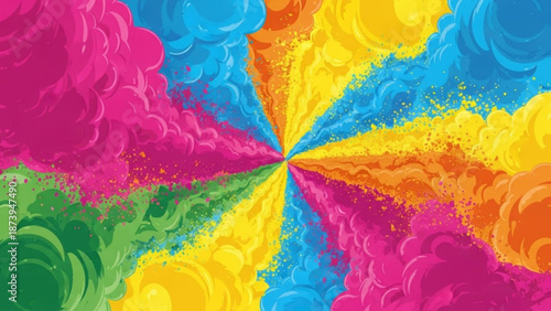 Vibrant multicolored abstract background with swirling shapes and bright colors in pink blue yellow green and orange hues for creative design