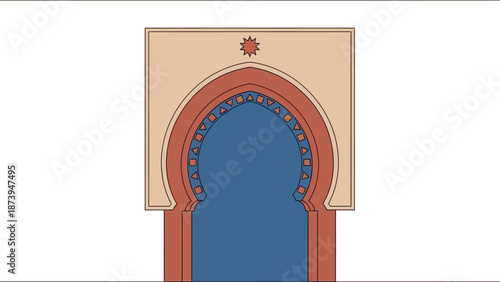 Minimalist flat design illustration featuring a traditional pointed horseshoe arch with geometric decorative elements and deep blue interior space.