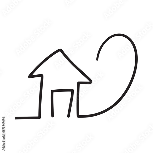 Simple black and white doodle of a house with a heart shape nearby