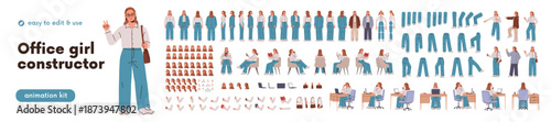 Business woman constructor set. Female employee, office worker character, animation kit with body parts, poses, gestures and movements. Flat graphic vector illustration isolated on white background