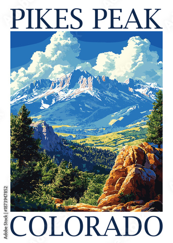 Artistic vector illustration of Pikes Peak, Colorado, presenting a sweeping vista with a unique rock formation in the foreground and a distant bridge spanning a valley.