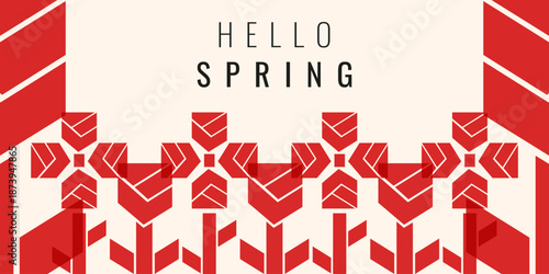 Modern Spring banner. Vector illustration of modern Geometric Spring flowers with bold hello Spring message isolated light background. EPS 10