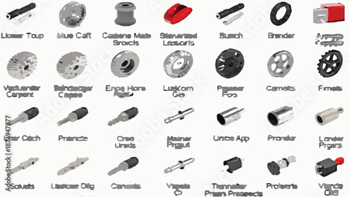 Collection of various mechanical parts and tools on a white background including bolts gears and other industrial components