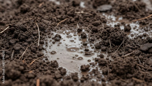 Close-up view of wet soil with small puddles and scattered organic matter