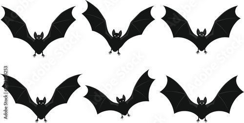 Set of black bat silhouette vector illustrations with various flying wing positions and spooky expressions for Halloween party decorations and gothic designs.