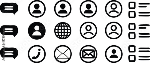 Black icons of people speech bubbles and communication symbols on white background for social media networking and messaging concepts